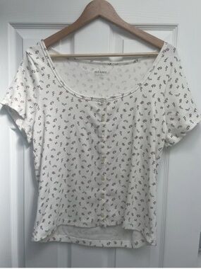 Old Navy Women's Floral Short Sleeve Button Up Scoop Neck Top White XL Tall